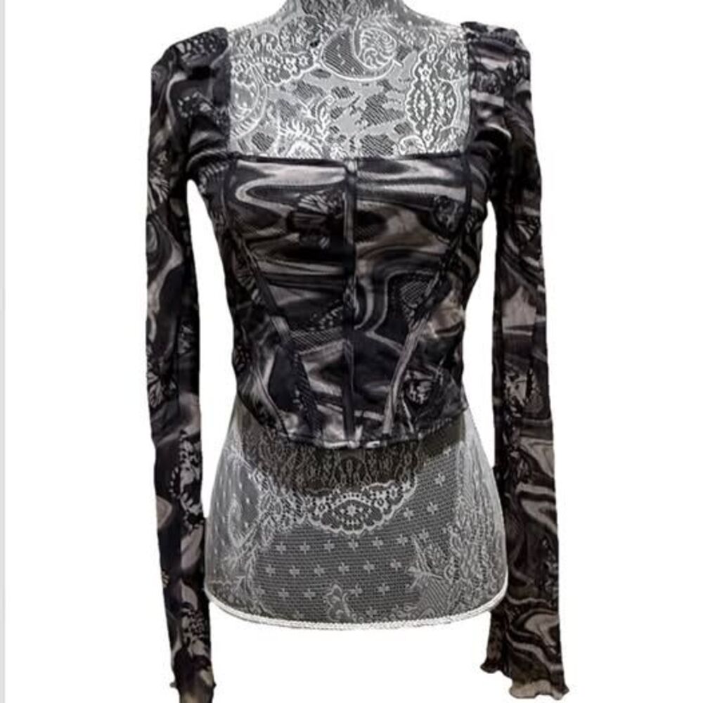 Urban Outfitters Black Gray Mesh Long Sleeve Shirt Corset Top Women’s Sz Large